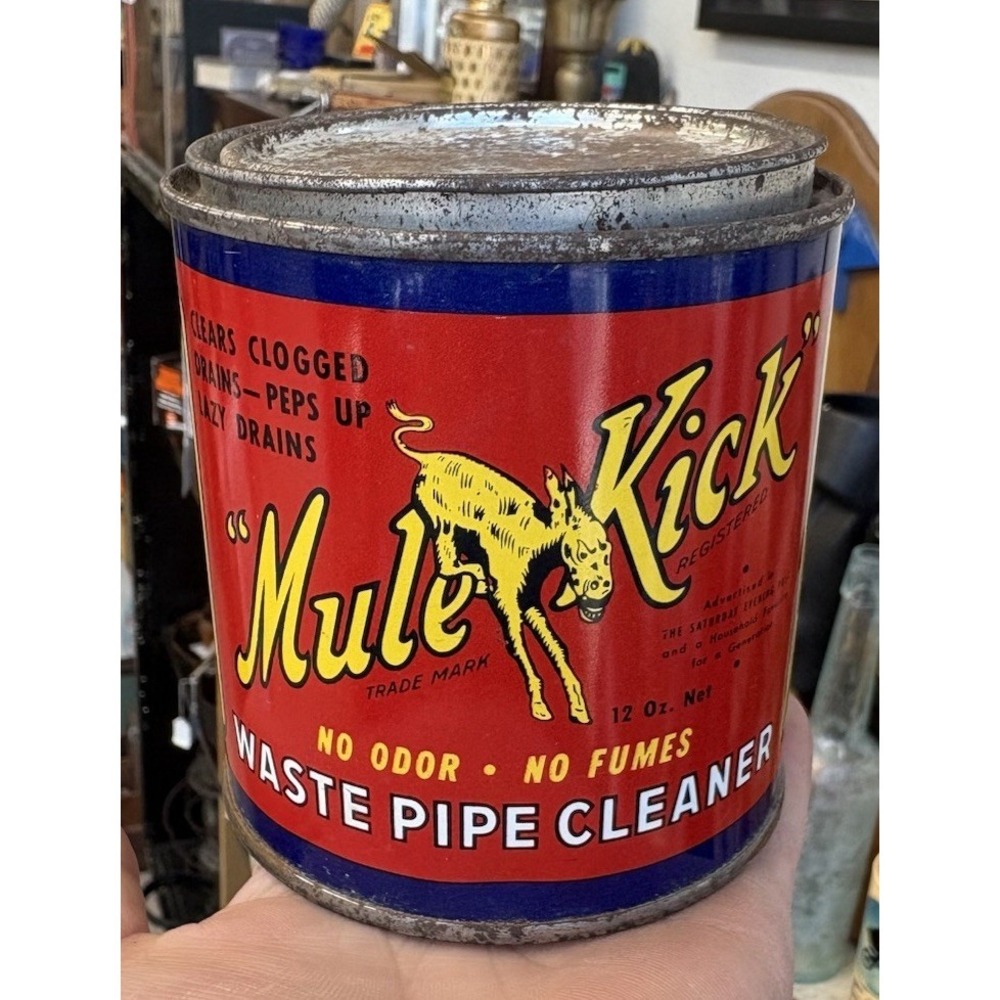 Vintage 1930's MULE KICK Waste Pipe Cleaner 12 OZ metal can Empty TIN Poison